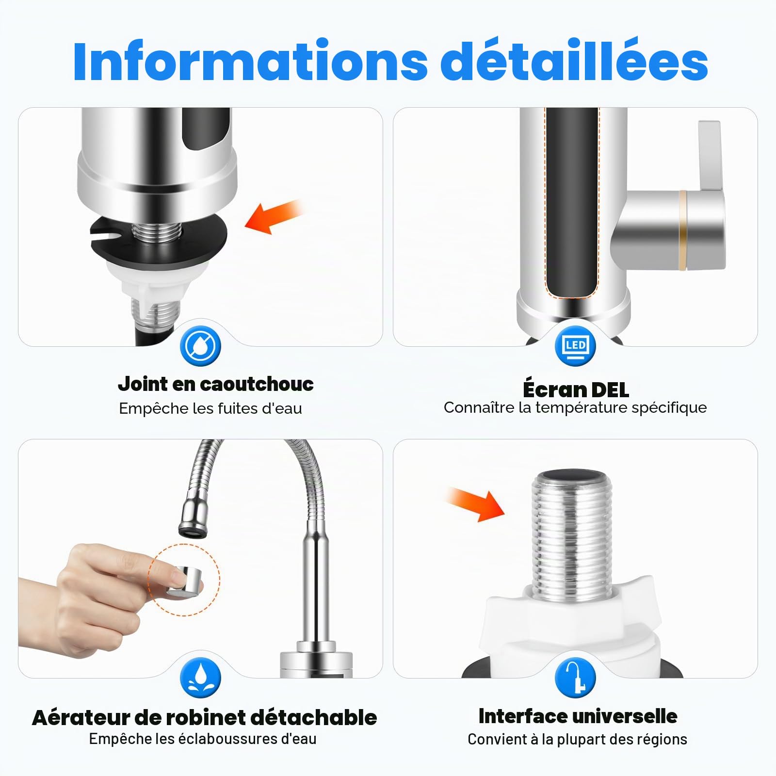 MINRS Robinet avec chauffe-eau, robinet électrique avec indicateur de température LED, sortie rotative à 360°, chauffe-eau électrique avec protection contre les fuites pour maison, hôtel, restaurant