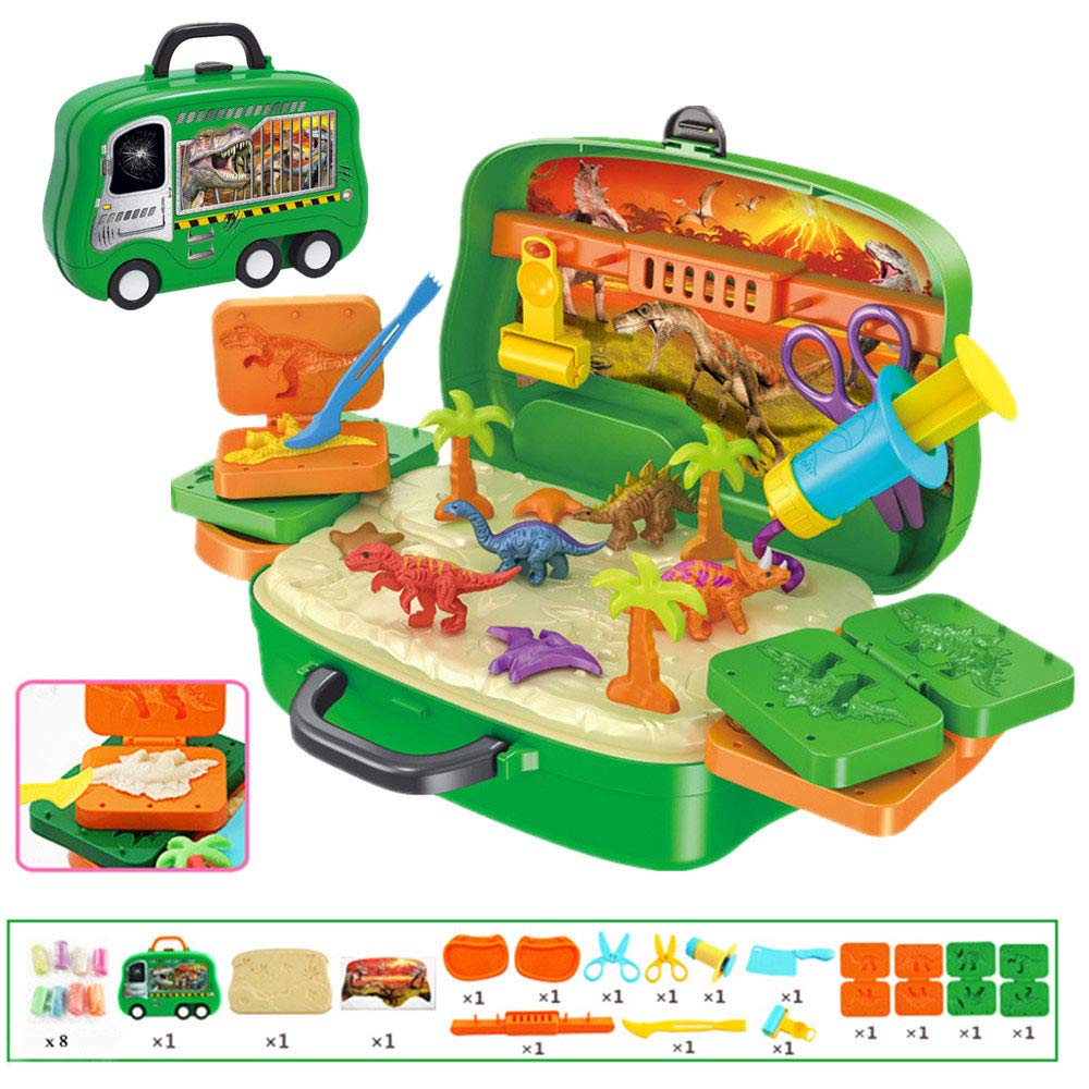 DeardeerPlay Dough Dinosaur Set Clay Dino World Pretend Play Toy Dough and Moulds in a Portable Case with Wheels for Kids - 26PCS