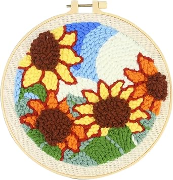 RUIQLXHANG Punch Needle Kits for Beginners, Cute Cartoon Highland Cow with Daisy Flower, Punch Needle Starter Craft Set with 20cm Hoop, Perfect for Festival Gift and Decoration Sunflower