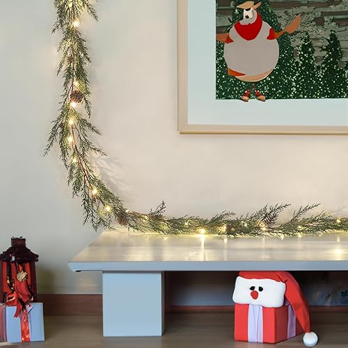 Miniatura 6 de Guirnalda de Navidad, guirnalda de pino de tacto real, guirnalda de cedro de 6 pies, guirnalda de Navidad con 30 luces cálidas, guirnalda de