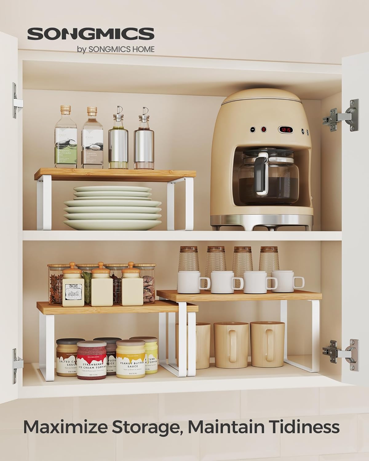 SONGMICS Cabinet Organizer Shelf, Set of 3 Kitchen Counter Shelves, Kitchen Storage, Spice Rack, Stackable, Expandable, Cloud White and Natural Beige UKCS014YL02