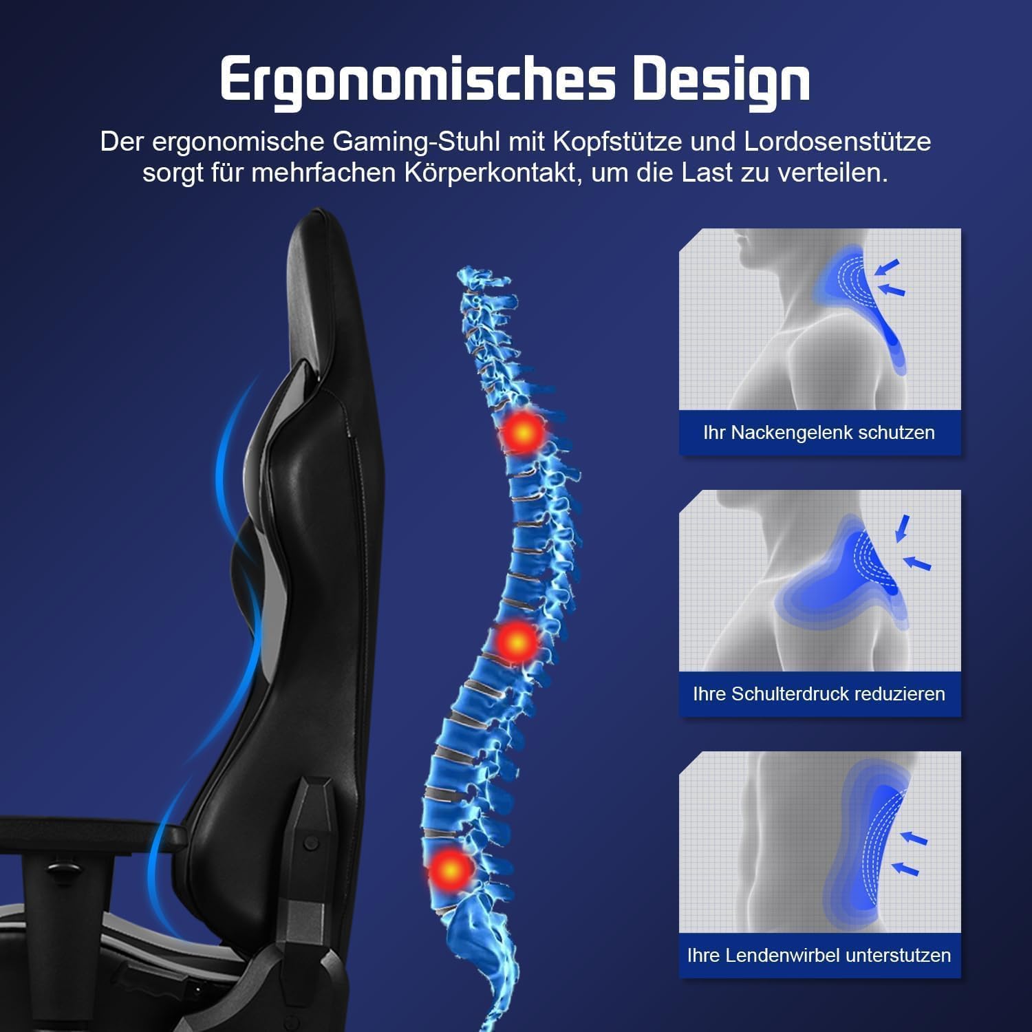 Homimaster Gaming Stuhl, Gaming Chair mit verstellbare Lendenkissen, Kopfkissen und Armlehnen,Ergonomischer Gamer Stuhl gepolstert, Gaming Stuhl 150 kg Belastbarkeit