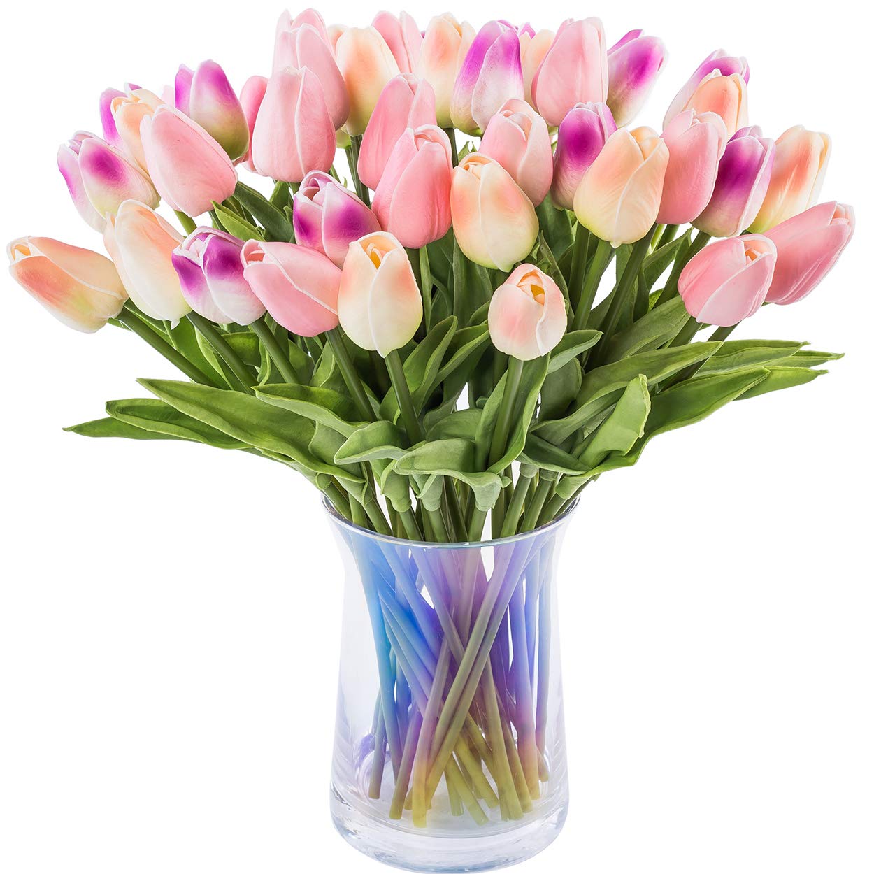 JOEJISN 30pcs Artificial Tulips Flowers Real Touch Multicolored Tulips Fake Holland PU Tulip Bouquet Latex Flowers for Wedding Party Office Home Kitchen Decoration (Champagne Light Purple Pink)