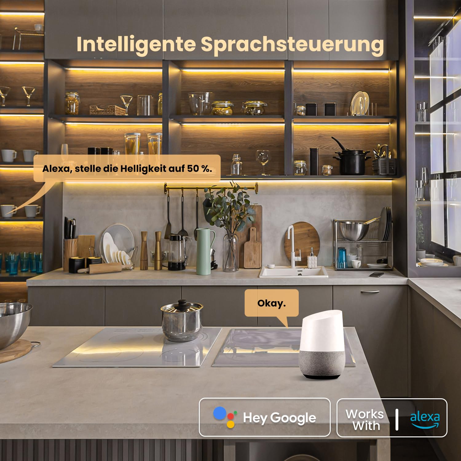 Vitrinenbeleuchtung LED Regalbeleuchtung, Schrankbeleuchtung mit Alexa, V-Form LED-Beleuchtungsset WiFi Dimmbar 2700K, App & Fernbedienung, Speicherfunktion (4 * 30cm)
