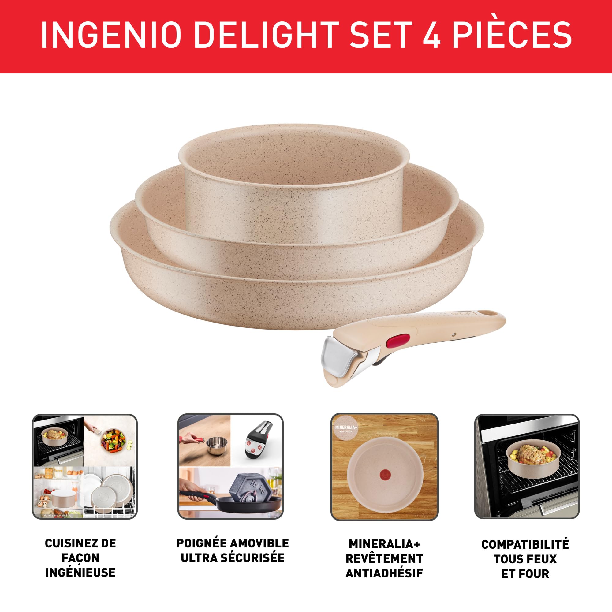 Tefal Ingenio Delight, Poêles 24cm et 28cm, Casserole 18cm, Poignée amovible, Antiadhésif, Corps aluminium 100% recyclé, Tous feux, L7839102