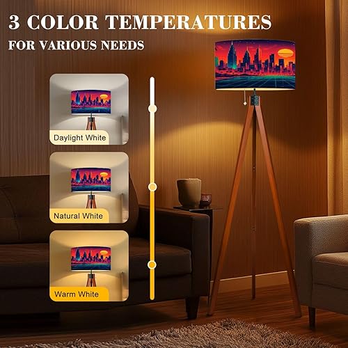 Miniatura 4 de Trípode de madera, lámpara de pie punk, ciudad, UV, reactiva, luz negra, futurista, paisaje urbano japonés, lámpara de pie de mediados de siglo,