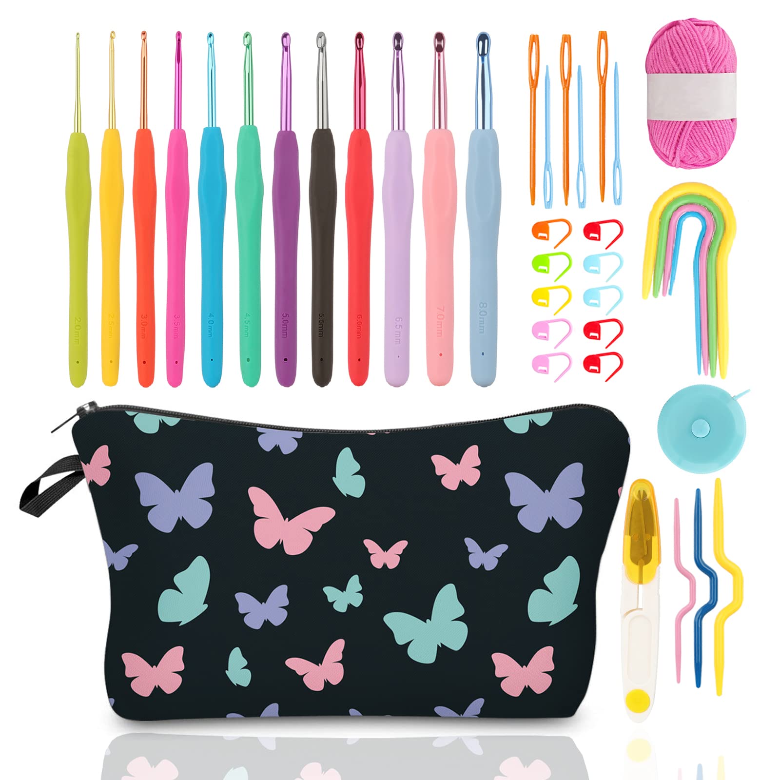 QLRFFLJOY Juego de 39 agujas de ganchillo con estuche, herramienta de tejido de hilo de bricolaje, kit de iniciación de ganchillo para principiantes, incluye agujas de ganchillo coloridas, una bola de
