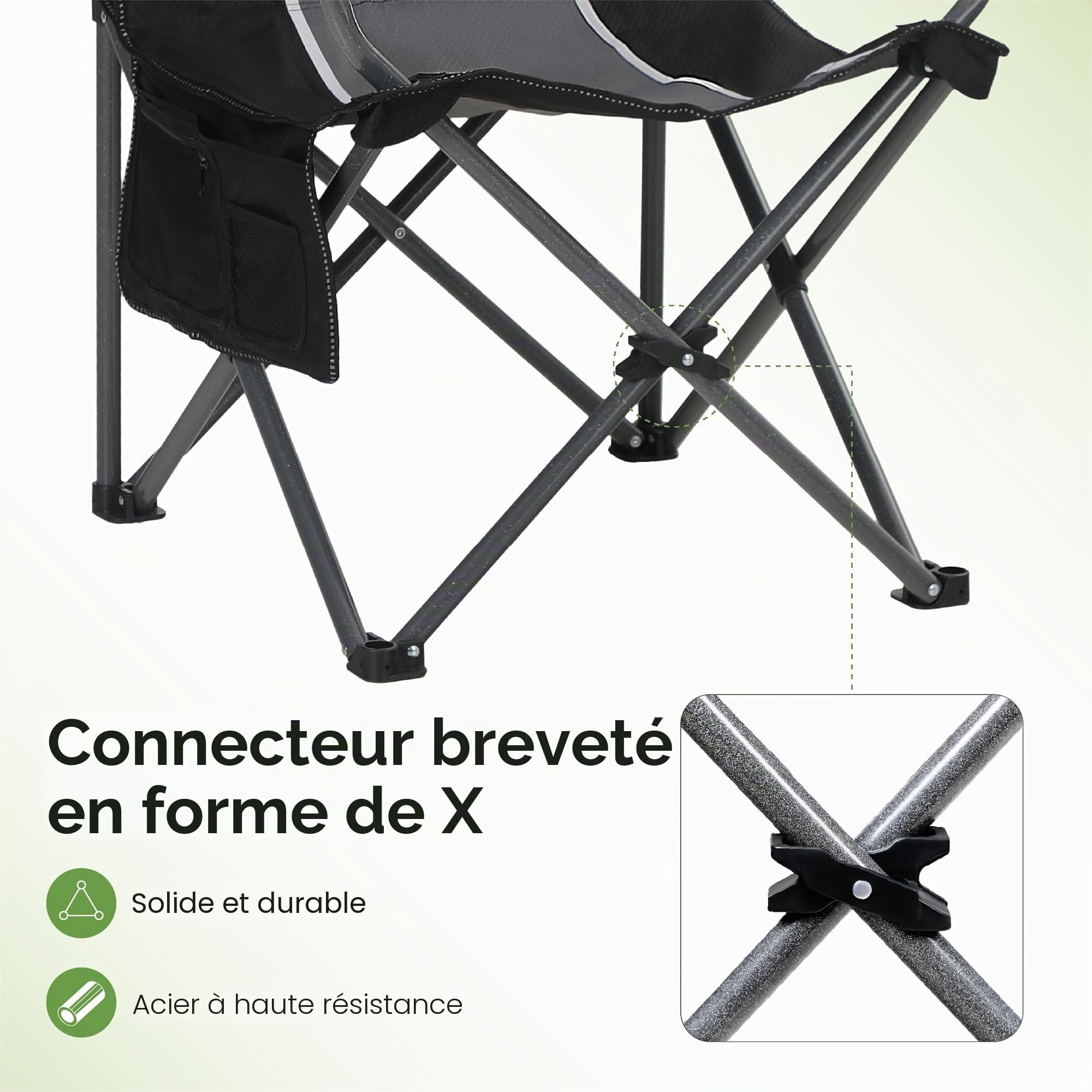LET'S CAMP Chaise de Camping Pliable avec Porte-gobelets, Sacs de Rangement, Sac de Transport en Acier jusqu'à 160 kg, pour Le Camping, Les Voyages