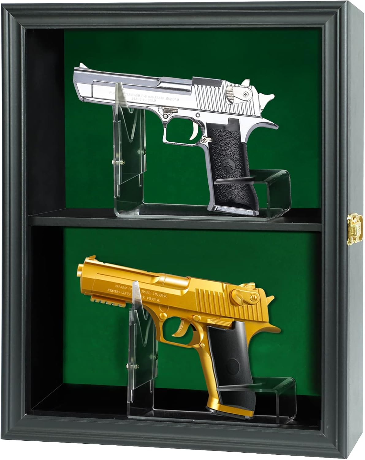 2 Handgun Pistol Revolver Gun Display Case Wall Mount Lockable Green Felt Wood Cabinet w/ 98% UV Protection Acrylic Clear Door Gun Shadow Box Stand Rack Holder