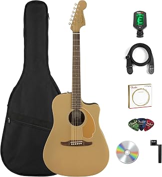 Fender Redondo Player Acoustic Electric Guitar Bundle with Midnight Blue Gig Bag, Strap, Clip-on Tuner, Strings, String Winder, Picks, and Austin Bazaar Instructional DVD - Bronze Satin