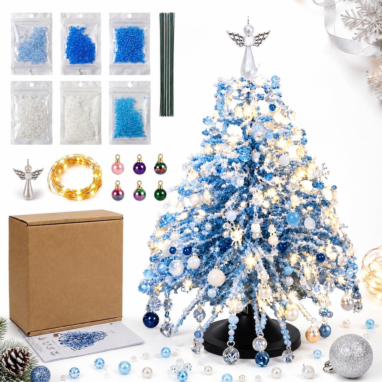 DIY Beaded Christmas Tree Kit,3D Crystal Bead Craft Set with Lights