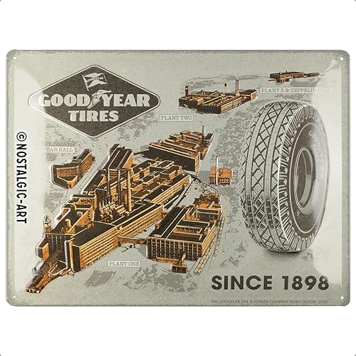 Nostalgic-Art Letrero de estaño retro, 11.8" x 15.7", Goodyear - Fábricas desde 1898 - Idea de regalo para fanáticos del motor, Producto de licencia