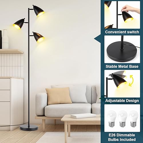 Miniatura 6 de Lámpara de pie de árbol para sala de estar, lámpara de pie industrial de 3 luces con 3 bombillas LED, cabezales de rotación ajustables, lámpara de