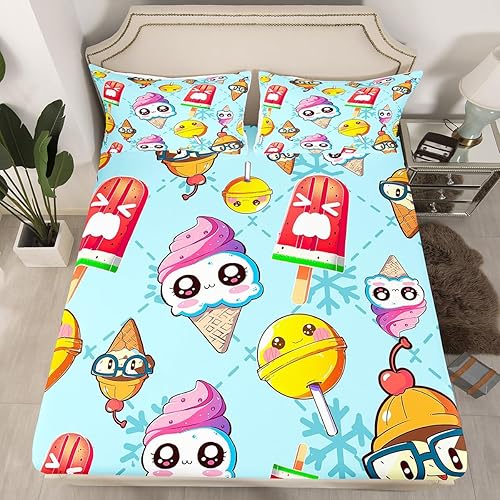 Lindo juego de ropa de cama de helado tamaño Queen, sábana bajera ajustable de 3 piezas con temática de comida dulce de dibujos animados para niñas,