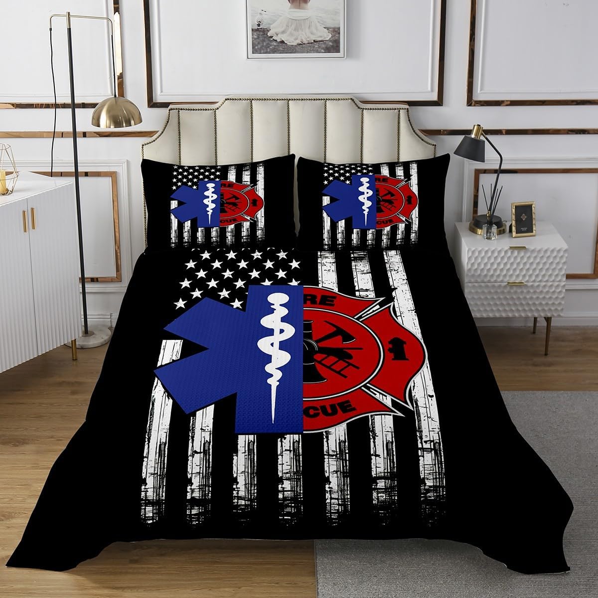Firefighter EMT Badge Bedspread Quilt,Practitioner Fireman Themed Bedding Coverlet for All Season Bedroom,Stars Stripes American Flag Decorative Polyester Quilted for Boys Teens Room Gift,Soft