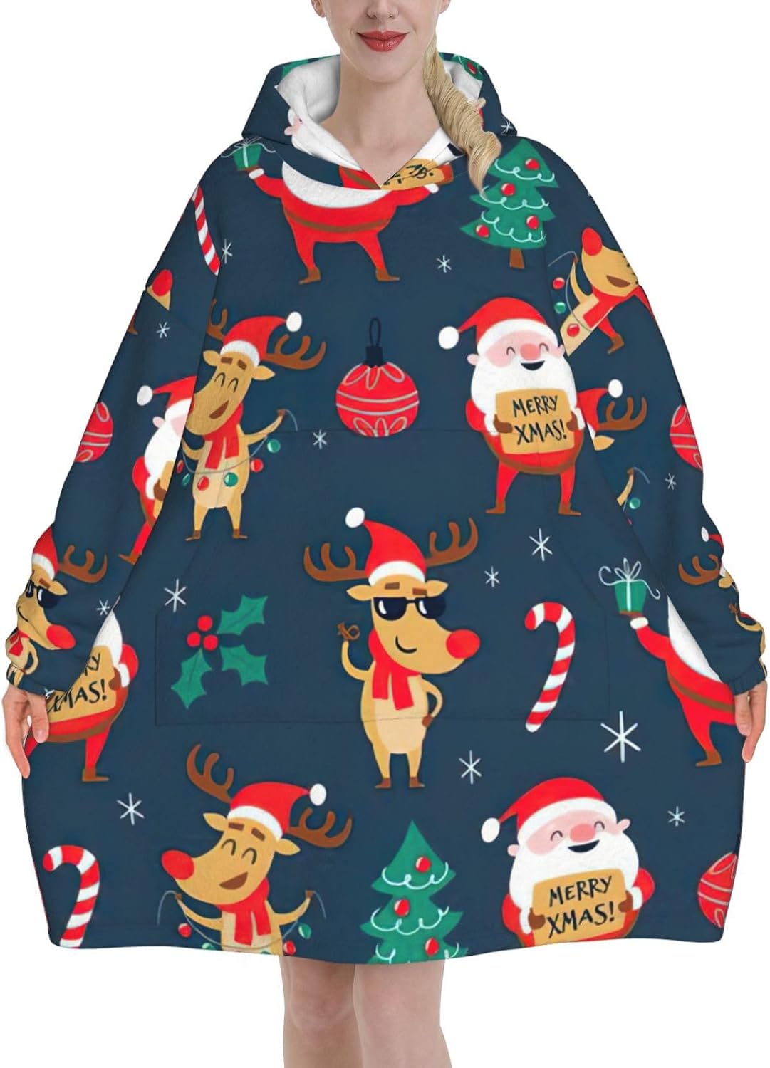 Santa Claus Christmasprint Oversized Hoodie Blanket, Super Soft Warm Comfortable Hoodie, Wearable Blanket Adult
