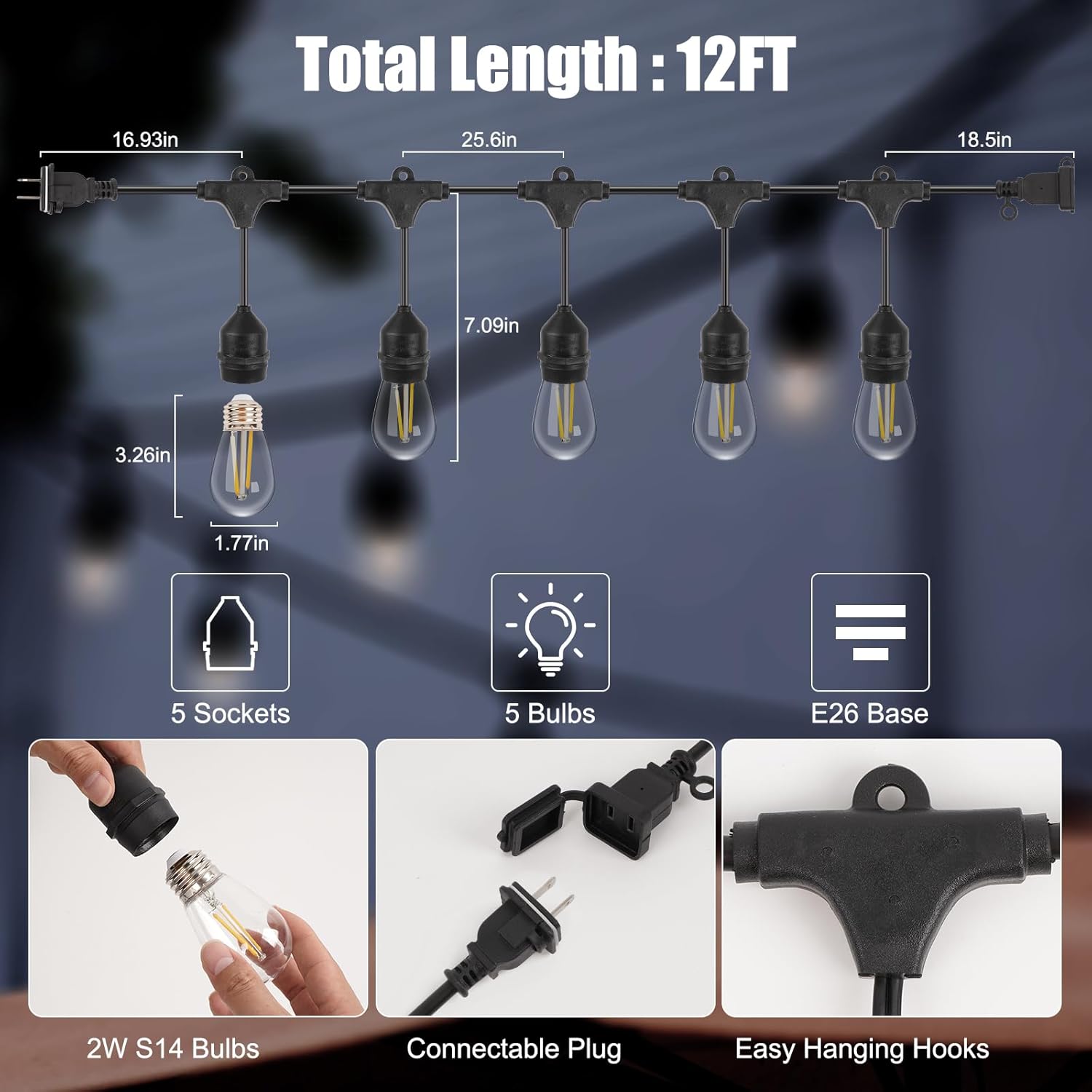 Waterproof Outdoor String Lights - 12Ft Commercial Grade Patio Lights Heavy Duty Light String Hanging Light Fixture with 11W S14 Bulbs for Deckyard Garden Porch Party Decor