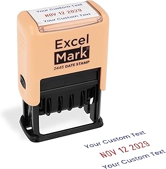 ExcelMark 2445 Date Stamp with Text - Blue and Red Ink (Peach Mount, Custom)