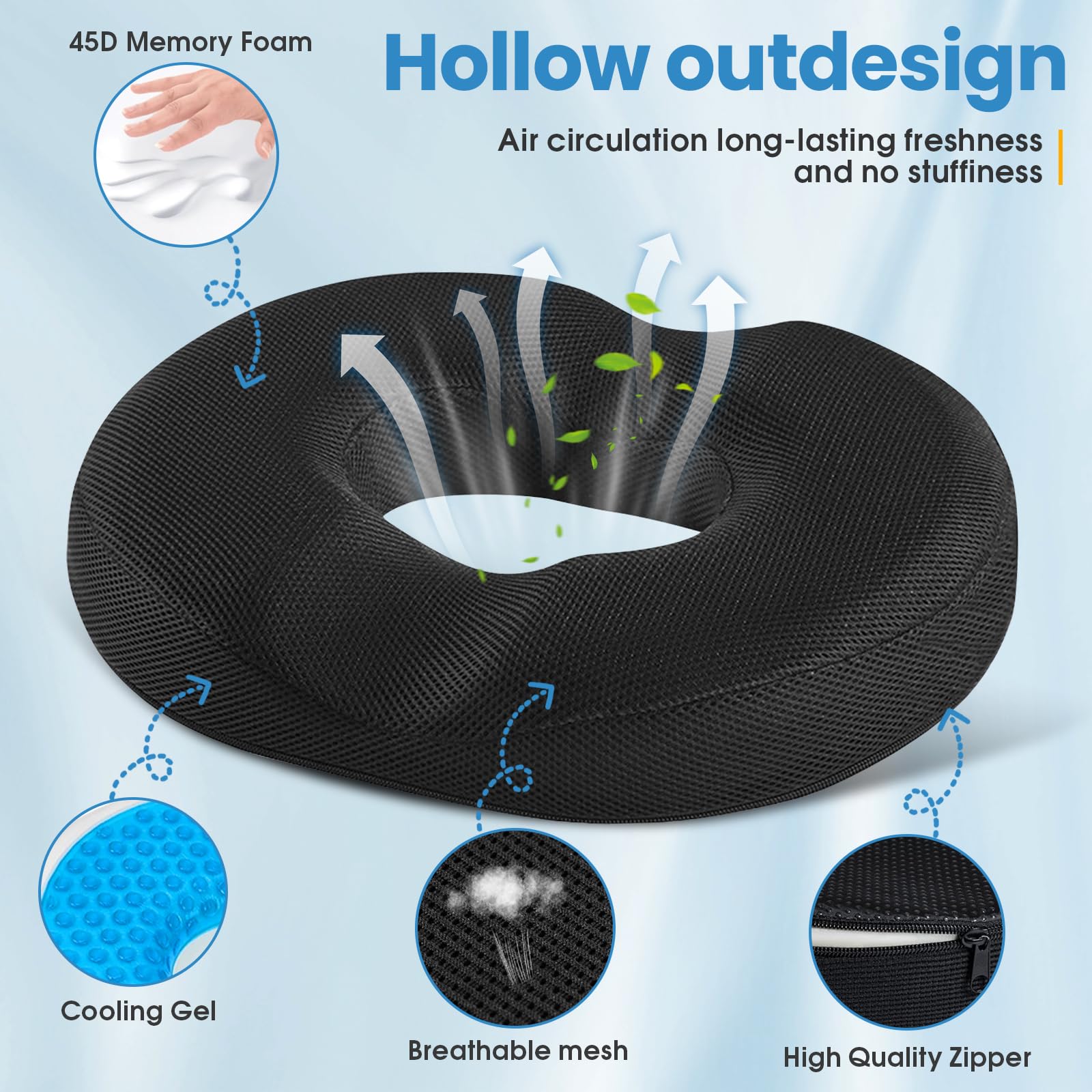 Cuscino Ortopedico A Ciambella In Memory Foam Con Gel - Per Coccige, Emorroidi, Ufficio E Auto - Nero 40x33 Cm - 4