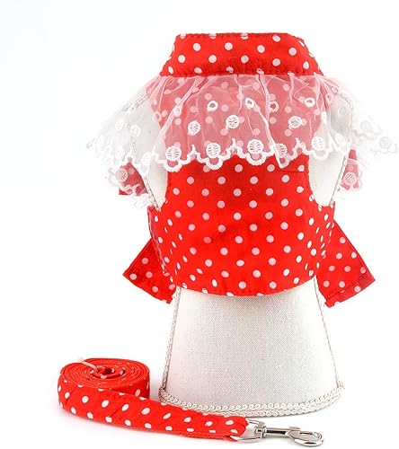 Miniatura 7 de SMALLLEE_LUCKY_STORE Vestido de arnés de princesa a lunares para mascotas, vestido y correa para perros pequeños, gatos y niñas, con lazo en D,