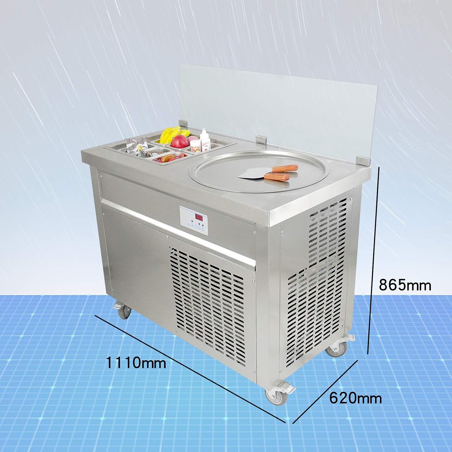 Commercial 20" Round Pan + 6 pcs of Refrigerated Tanks Fried Ice Cream Rolled Machine, Auto Defrost Fry frozen Yogurt Soft Ice Cream Maker with Sneeze Guard and Full Refrigerant