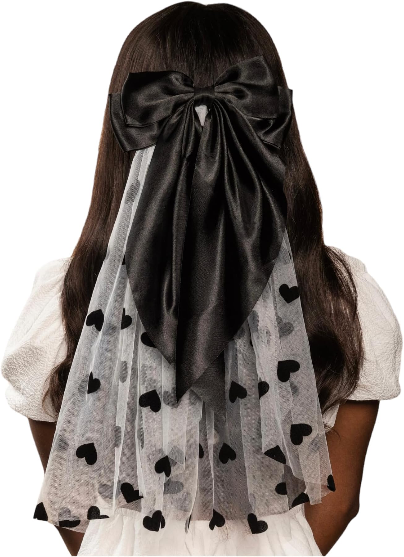 Black Heart White Veil with Black Bow - Bride Bachelorette Accessory for Celebrating Bachelorette Party, Bridal Shower, Black, One Size Fit
