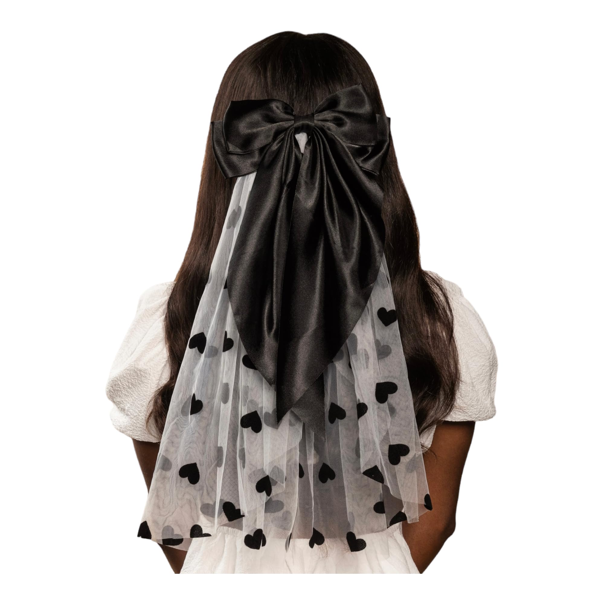 Black Heart White Veil with Black Bow - Bride Bachelorette Accessory for Celebrating Bachelorette Party, Bridal Shower, Black, One Size Fit