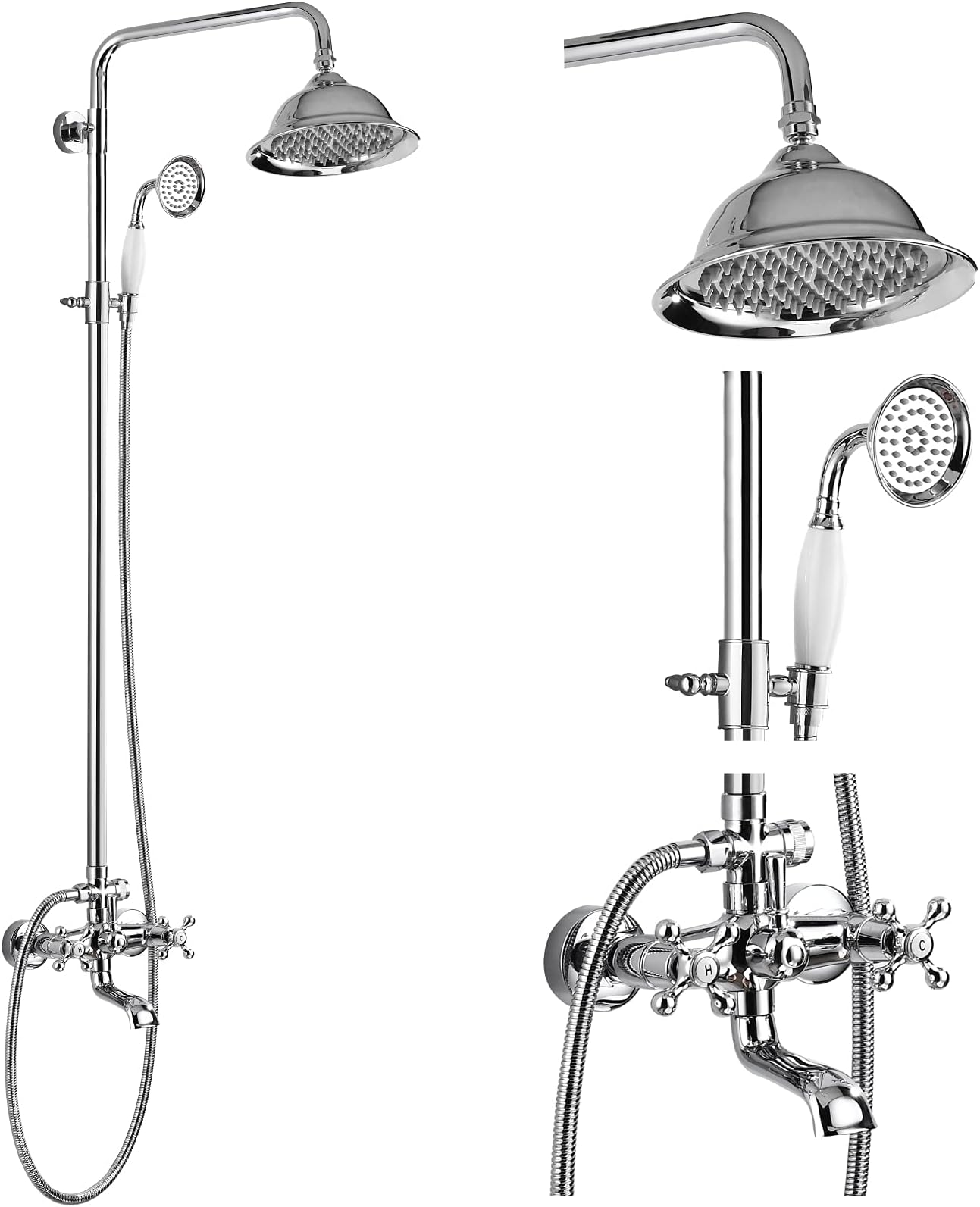 Bathroom Exposed Shower Faucet Outdoor Shower System 8 Inch Rainfall Shower Head Set with Tub Spout and Handheld Spray Double Cross Handles Wall Mount without Shower Shelf Polished Chrome