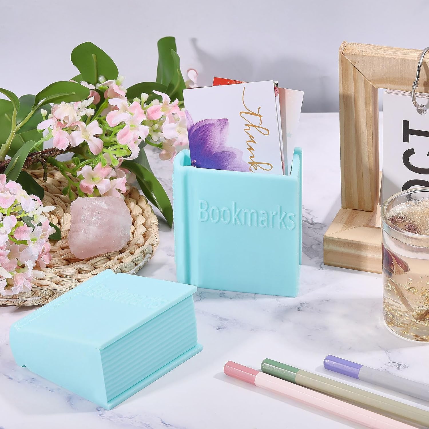 GLOBLELAND 2 Pcs Blue Book Shaped Bookmark Holder Desk Organizer for Bookmarks 3D Funny Bookmarks Storage Box Book Lover Gift Bookish Accessory for Home Office Desk image 5