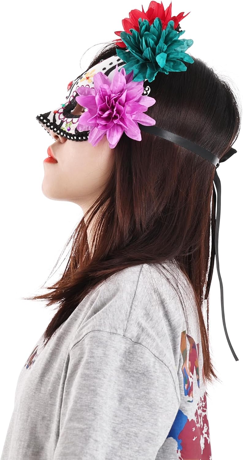 SUMERSHA Mexican Day of the Dead Masquerade Mask for Women Floral Sugar Skull Eyemask Halloween Costume Mask