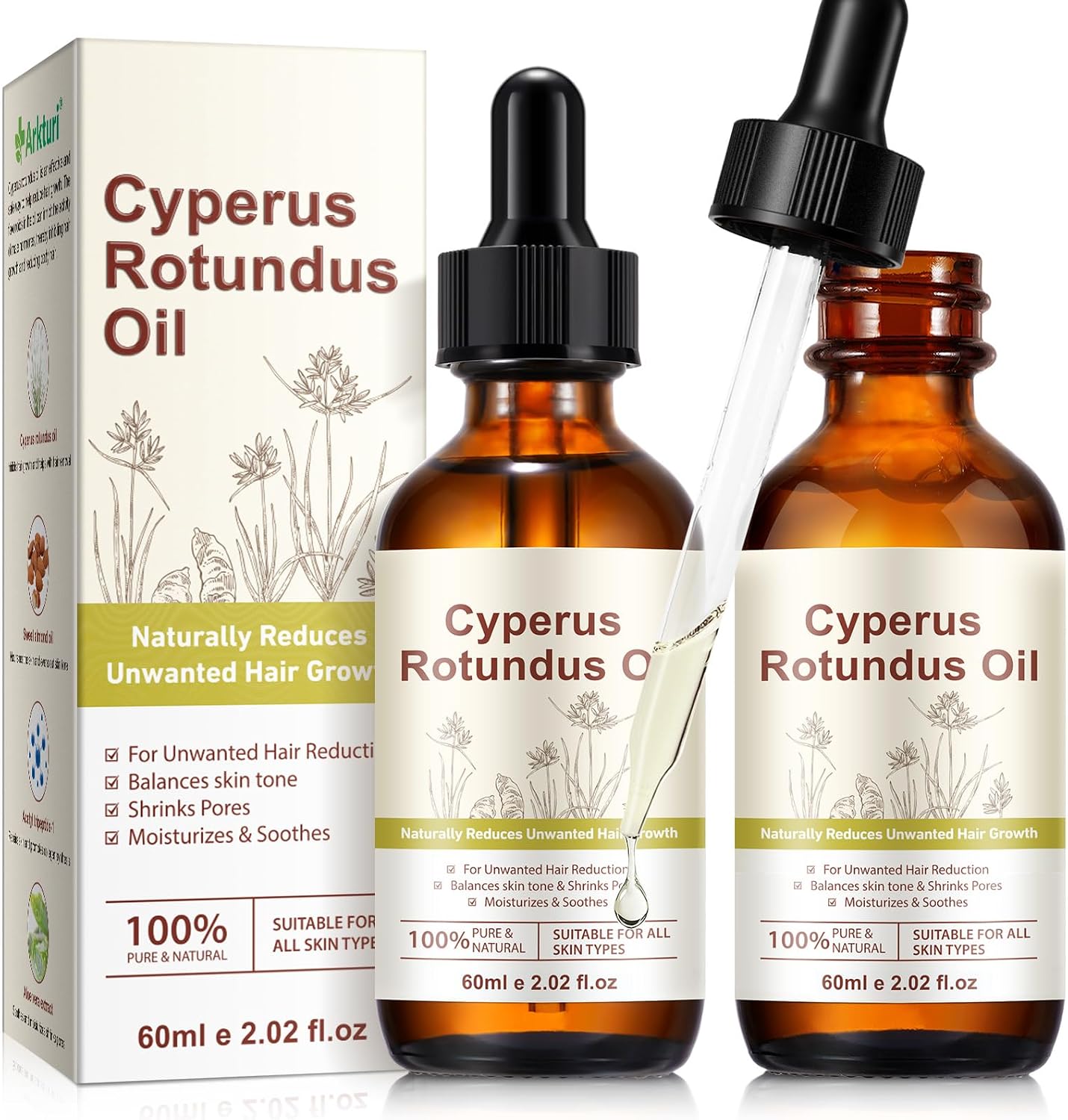 Cyperus Rotundus Oil, Cyperus Rotundus Oil Hair Removal, Natural Cyprus Rotundus Oils for Smooth Skin, Moisturizing & Soothing, Shrink Pores, Cypress Rotundus Oils for Face and Body, Suitable for All Skin Types 60ML*2