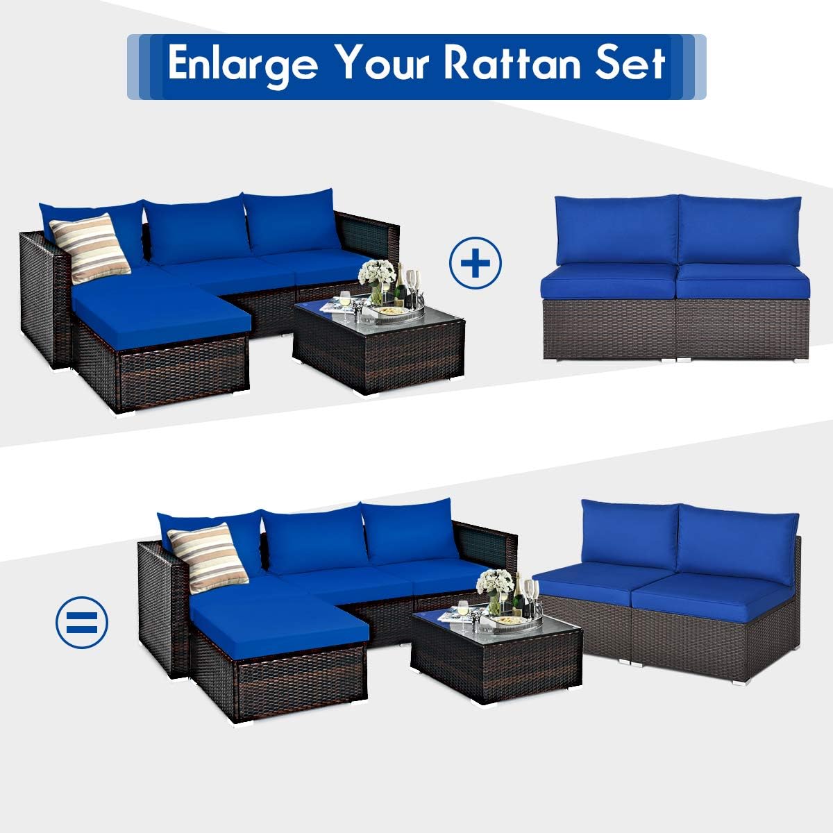 RELAX4LIFE 2-Piece Rattan Armless Sofa - Patio Wicker Sectional Conversation Sofa Set with Removable Cushions, Heavy-Duty Steel Frame, Outdoor Furniture Set for Garden, Backyard, Poolside (Navy Blue)