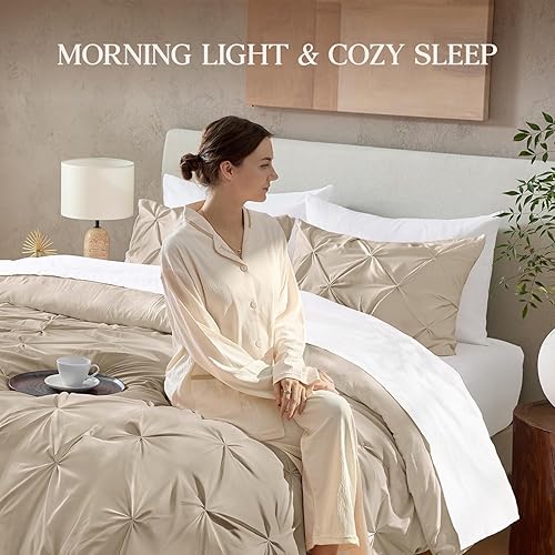 Miniatura 5 de Andency Edredón plisado caqui Queen (90 x 90 pulgadas), 3 piezas (1 edredón y 2 fundas de almohada), juego de edredón de microfibra alternativa para