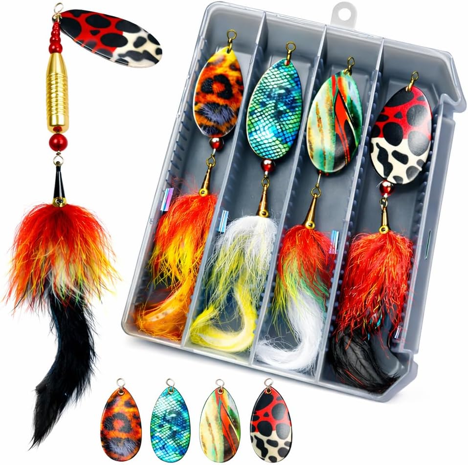 Pike Lures, 4Pcs Spinner Baits for Pike, Lure for Pike & Largemouth Bass, Premium Pike Fishing Lures with Rabbit Tail or Long Skirt