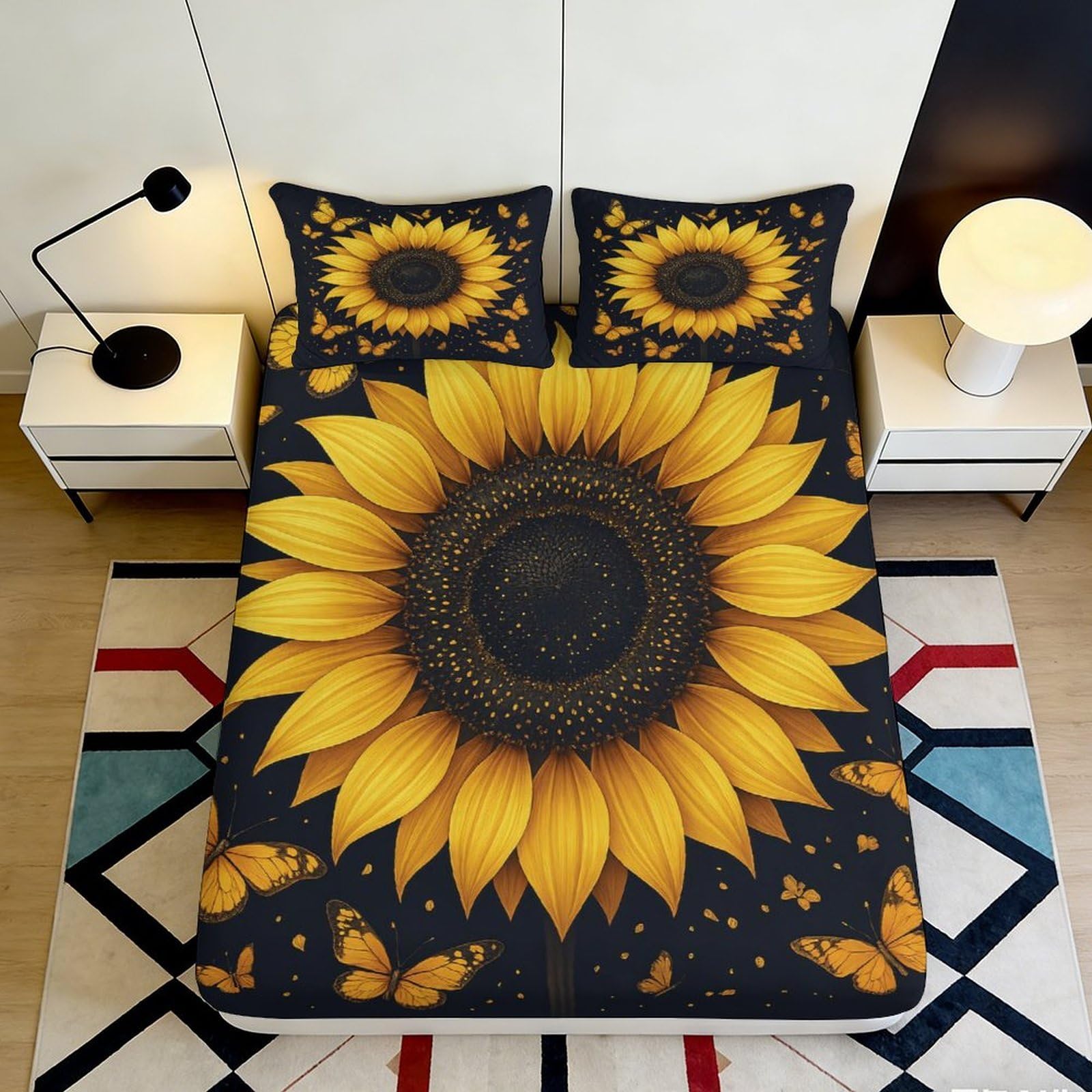 3D Printed Sunflower Butterfly Fitted Sheet Microfiber Anti-Slip Yellow Bed Cover for Bedroom Guest Room Dorm Decor 120x200x25cm
