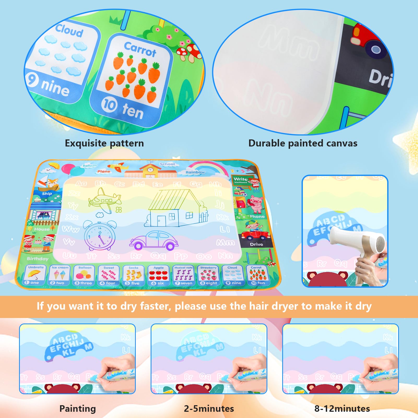 LEcylankEr Aqua Doodle - Tappetino da pittura ad acqua XXL 120x90 cm, bambino da 2 a 7 anni