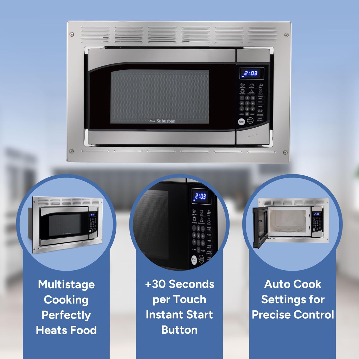 RecPro Suburban RV Built-In Microwave Oven 0.9 Cu. Ft. Stainless Steel with Trim Kit 900W Output | Touchpad Controls, Auto Cook & Quick Start | Compact Microwave for RVs and Campers