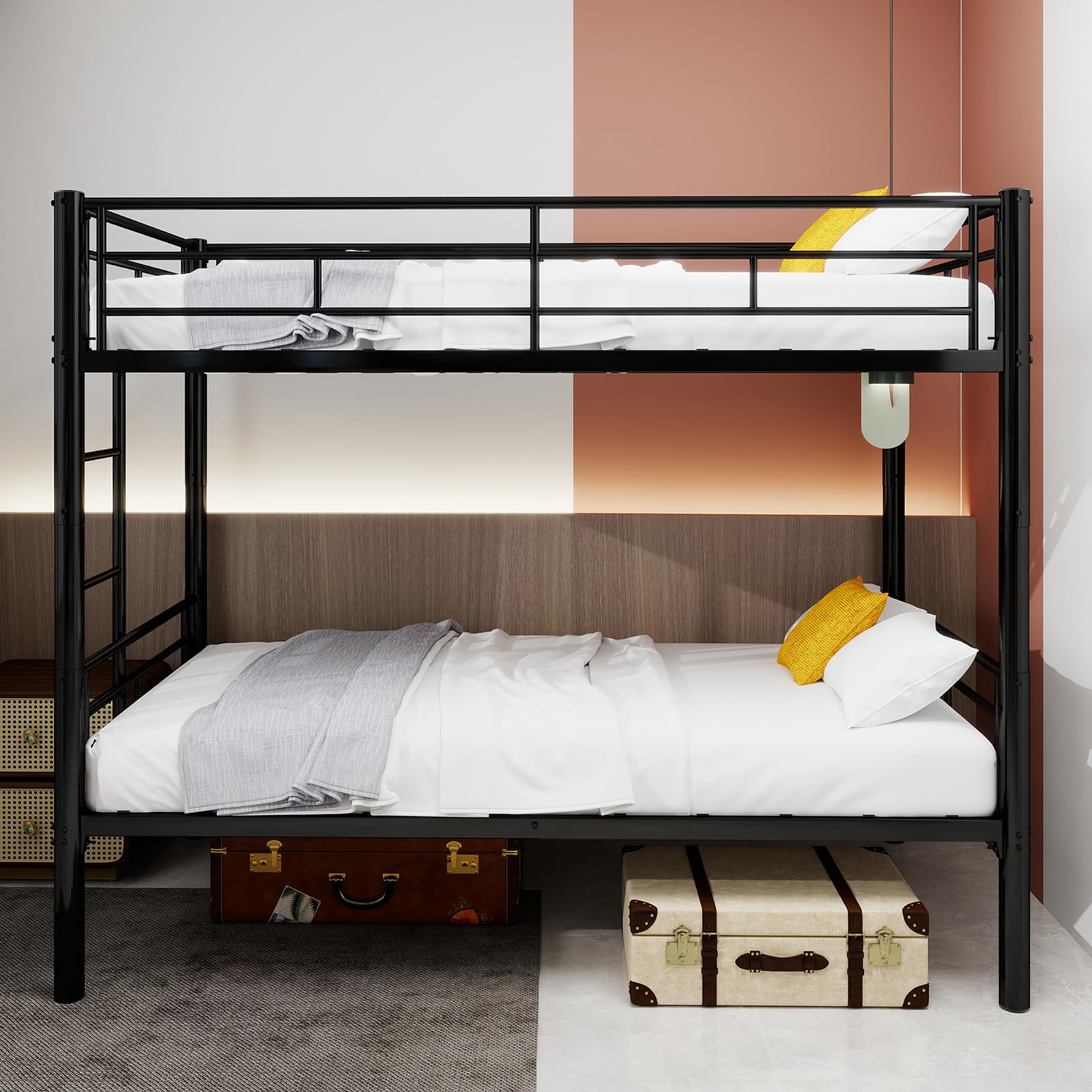 Kinder Hochbett, Metall Etagenbett, Heavy Duty Metallbett Rahmen, etagenbett Twin Over Full mit Leiter & Full-Länge Geländer für Jugendliche Erwachsene, Lärm frei (Schwarz A, 90x190CM)