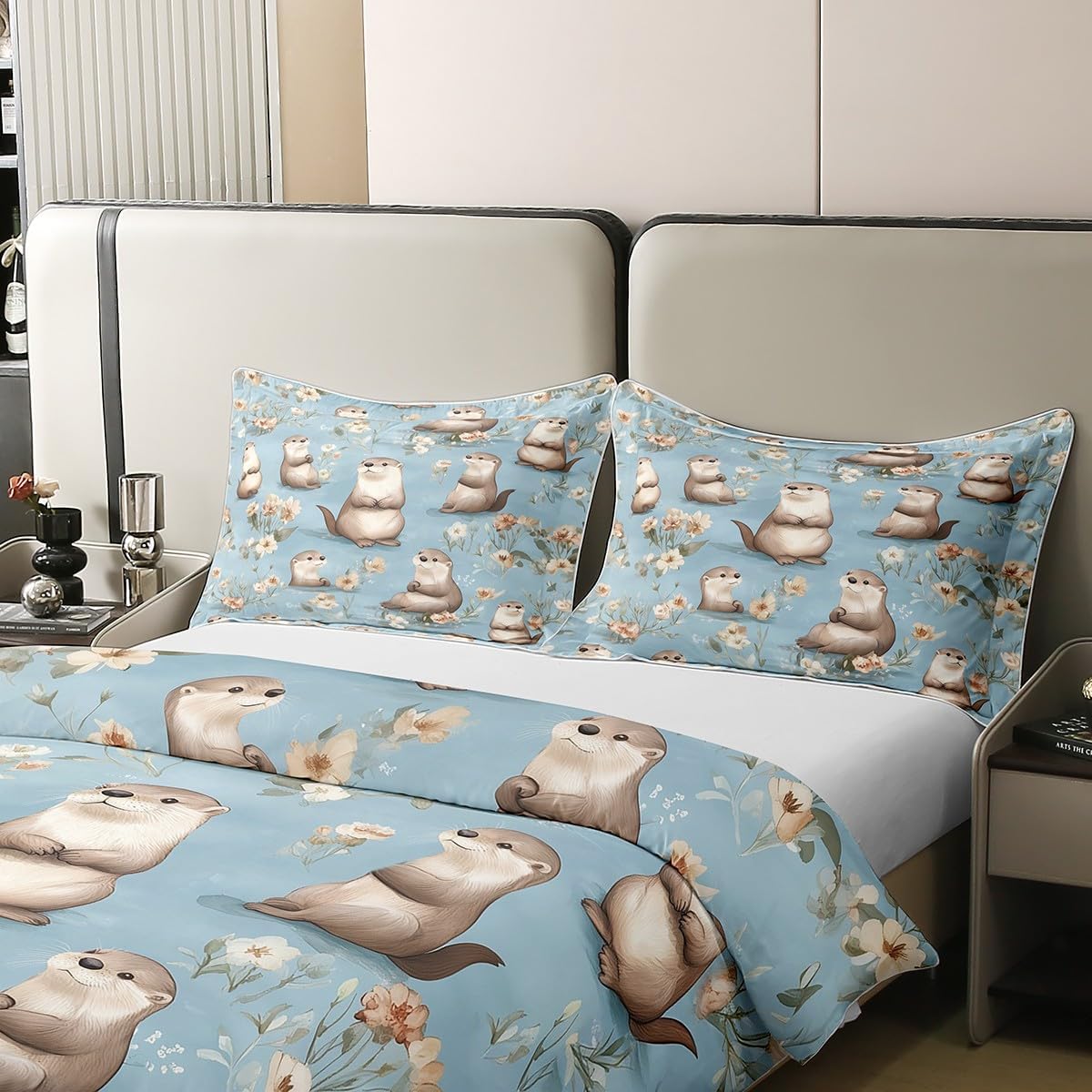 100% Cotton Cartoon Otter Duvet Cover Twin Size 2 Pcs Cute Gray Wild Animal Decor Bedding Set for Kids Boys Girls Teens Watercolor Retro Flowers Rustic Style Quilt Cover,1 Pillowcase(No Comforter)