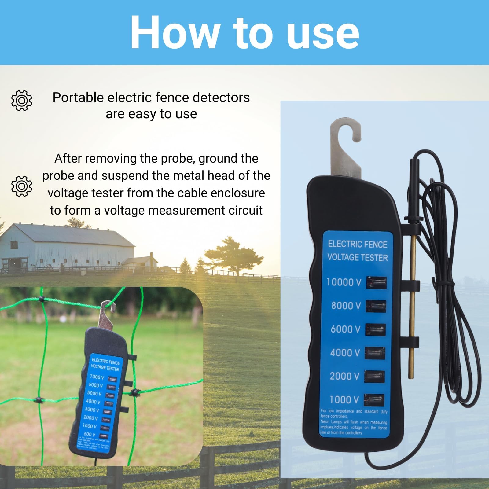 Vibrivo10000V - Comprobador de valla de pastoreo y medidor de corriente, resistente al agua con 6 ledes para valla de pastos, solar, compatible con granjas, mascotas y ganado (16,7 x 6 x 2 cm)