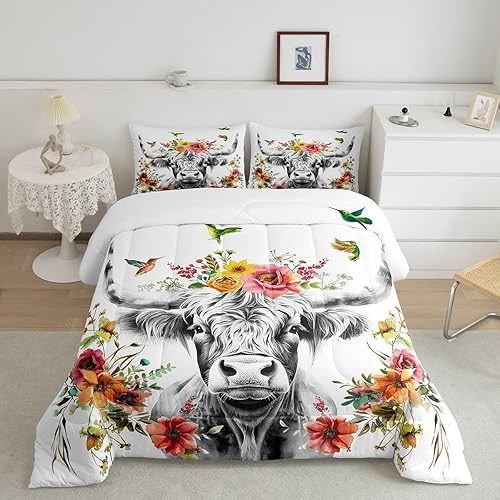 Erosebridal Highland Cow - Juego de edredón floral de tamaño matrimonial, juego de ropa de cama de flor de ganado toro, vida silvestre, granja,