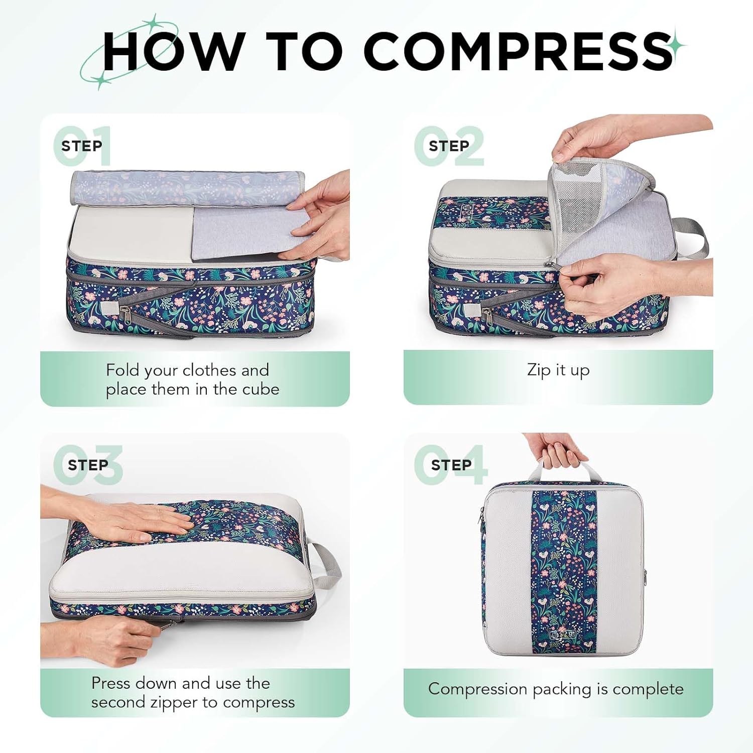 6 Set Compression Packing Cubes for Travel Essentials,Compressible Expandable Packing Cubes for Suitcase,OlarHike Luggage Organizer Bags for Travel(Dark Blue Floral)
