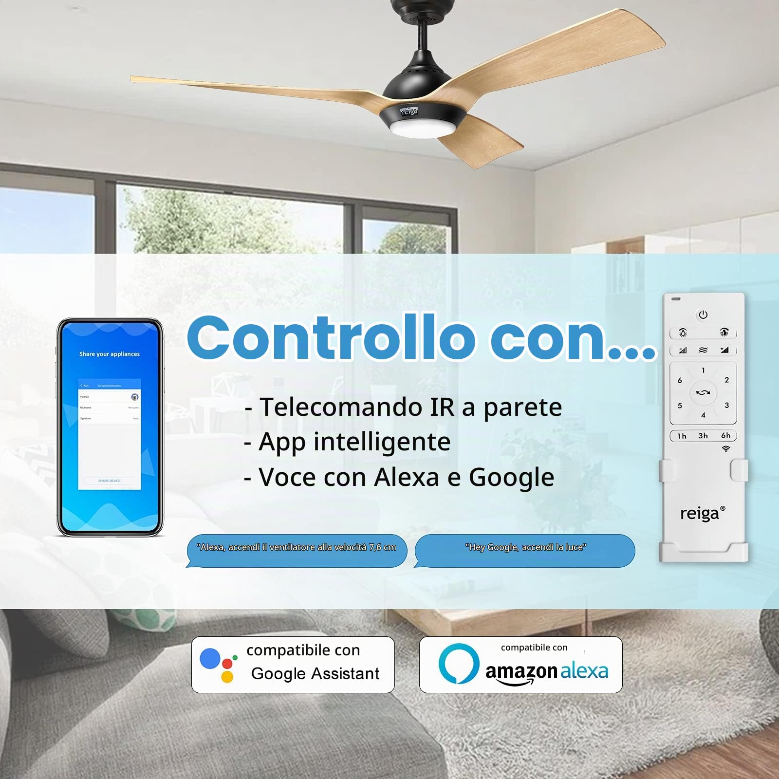 reiga 132CM Ventilatore da Soffitto con Motore CC Luce LED Dimmerabile | 3 Pale Dipinte a Mano, Timer, Funziona con Alexa WIFI Smart APP e Telecomando