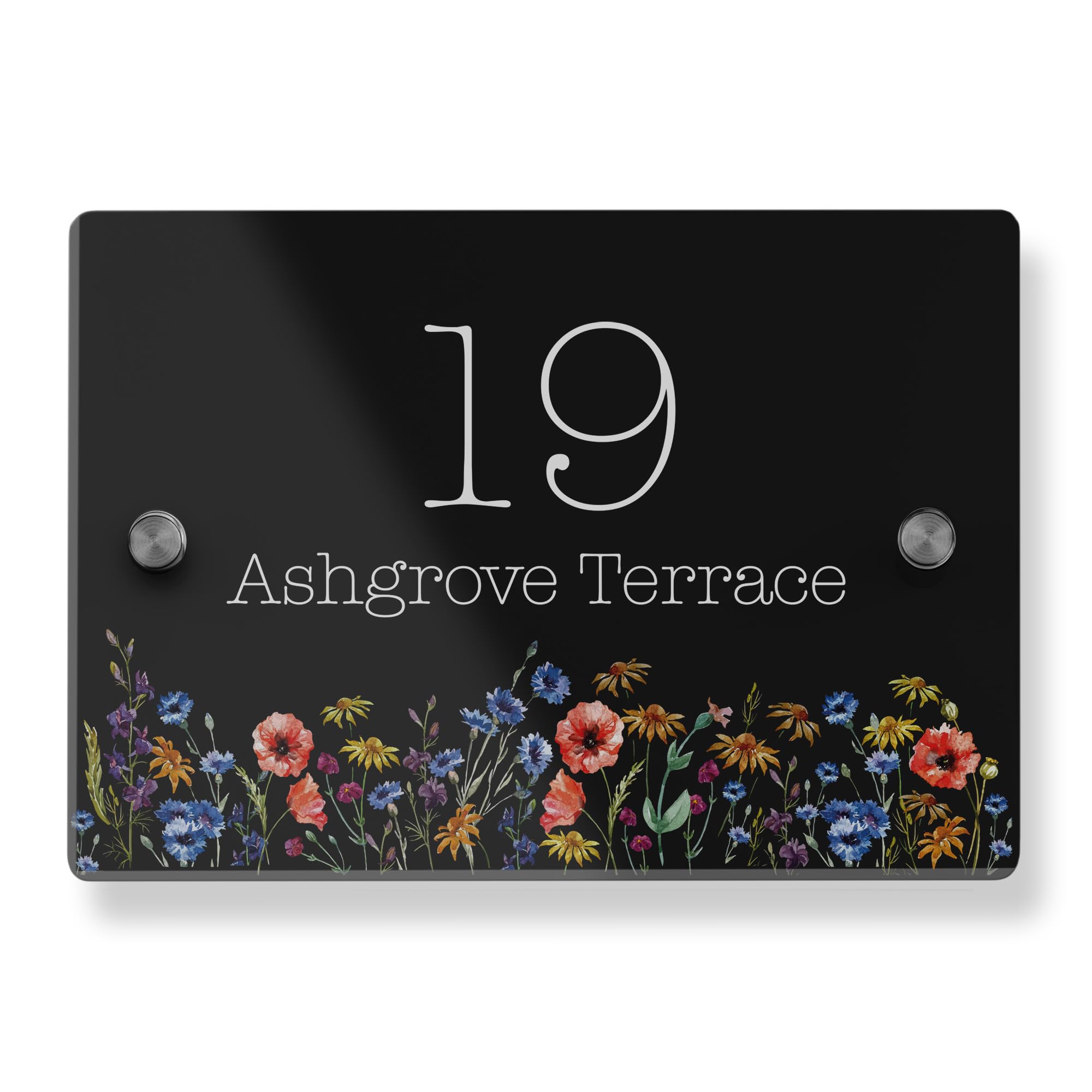 Personalised Acrylic House Sign with Wildflower Design | 210mm x 148mm Address Plaque | Custom Printed Door Number | Weatherproof Outdoor Home Name Plate (Black)