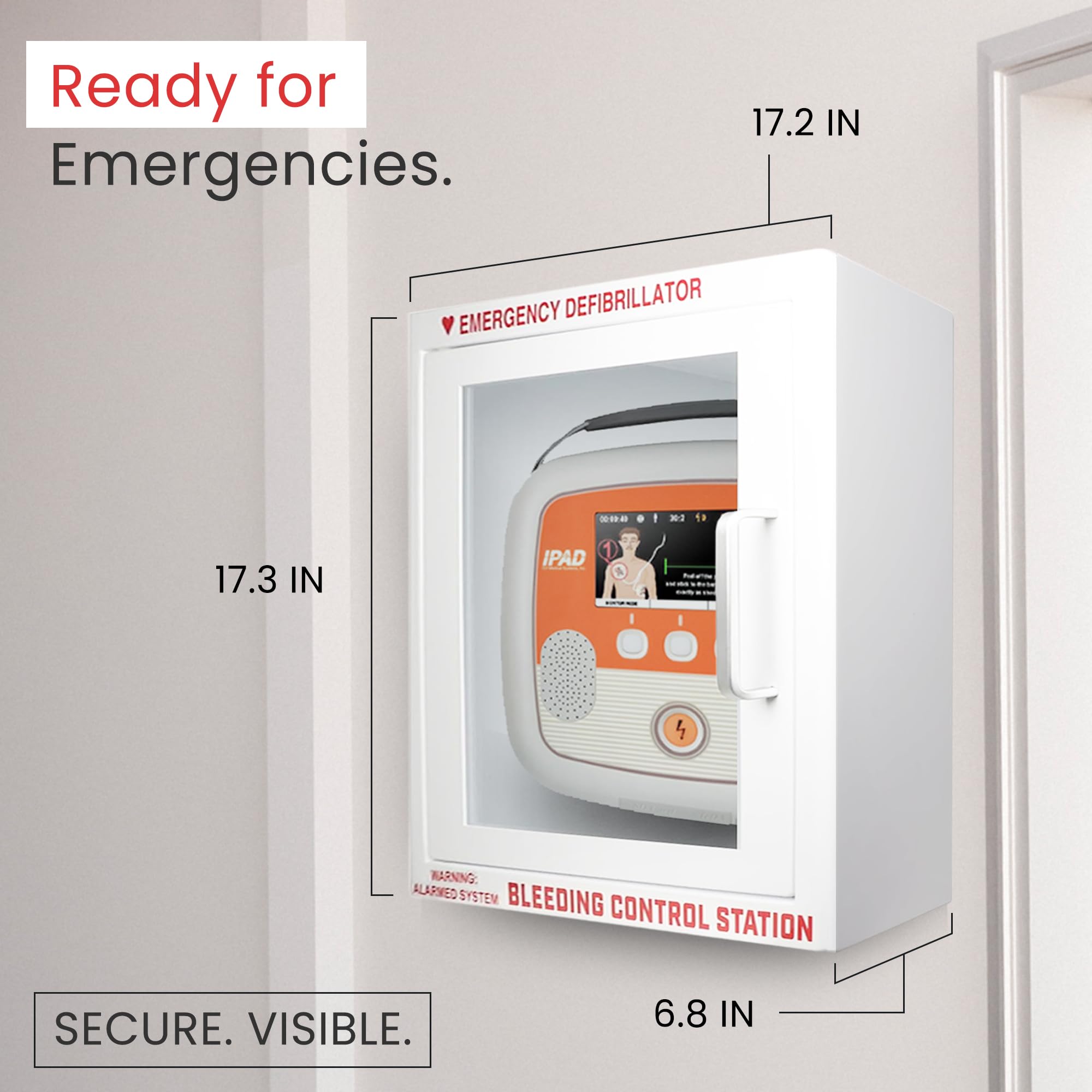 AED Defibrillator Wall Mounted Cabinet with Bleeding Control Kit Storage, 20-Gauge Steel, Large 17.4x17.3x6.9 Inch, Durable Metal Cabinet with Clear Window & Door Activated Alarm–Fits All AED Brands