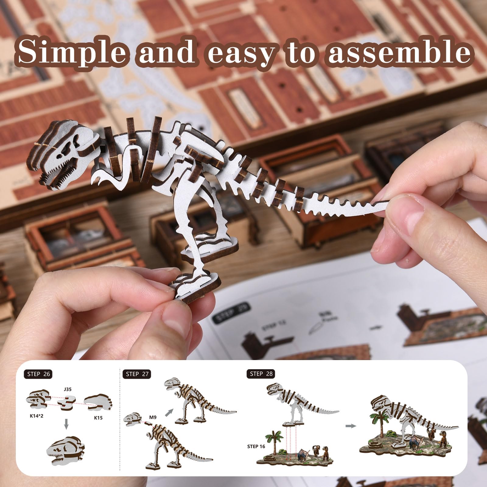 Book Nook Kit – model muzeum skamielin (motyw dinozaurów), miniaturowe drewniane puzzle 3D z oświetleniem LED, zestaw do majsterkowania dla dorosłych, prezent i akcesoria do domu