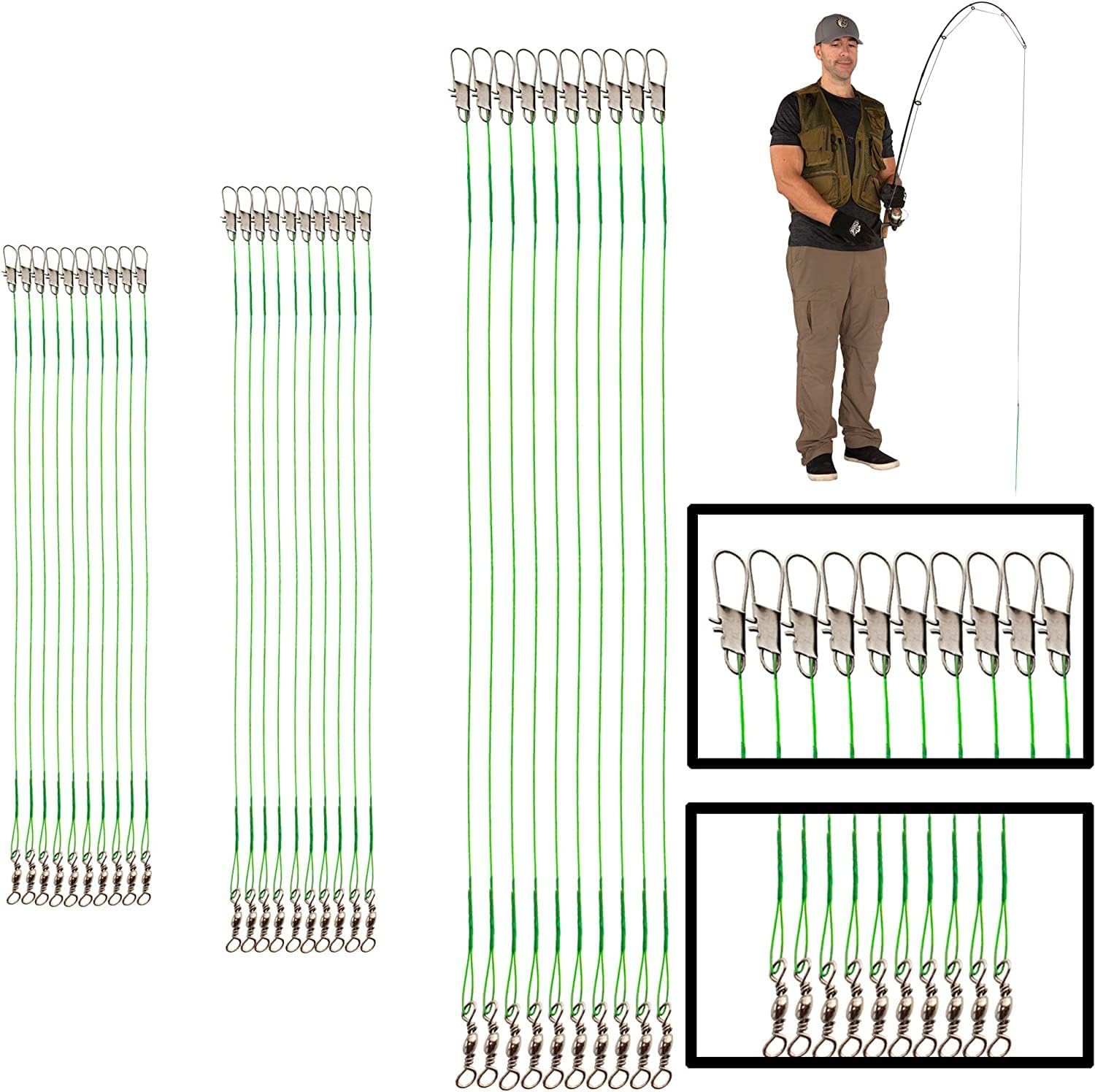 Leenwa 30Pcs Fishing Leaders,Fishing Leader Saltwater Stainless Steel with Swivels Snap Kits Connect Tackle Lures Rig or Hooks, Fishing Leader Line for Fishing Rigs Saltwater and Freshwater, 3Size
