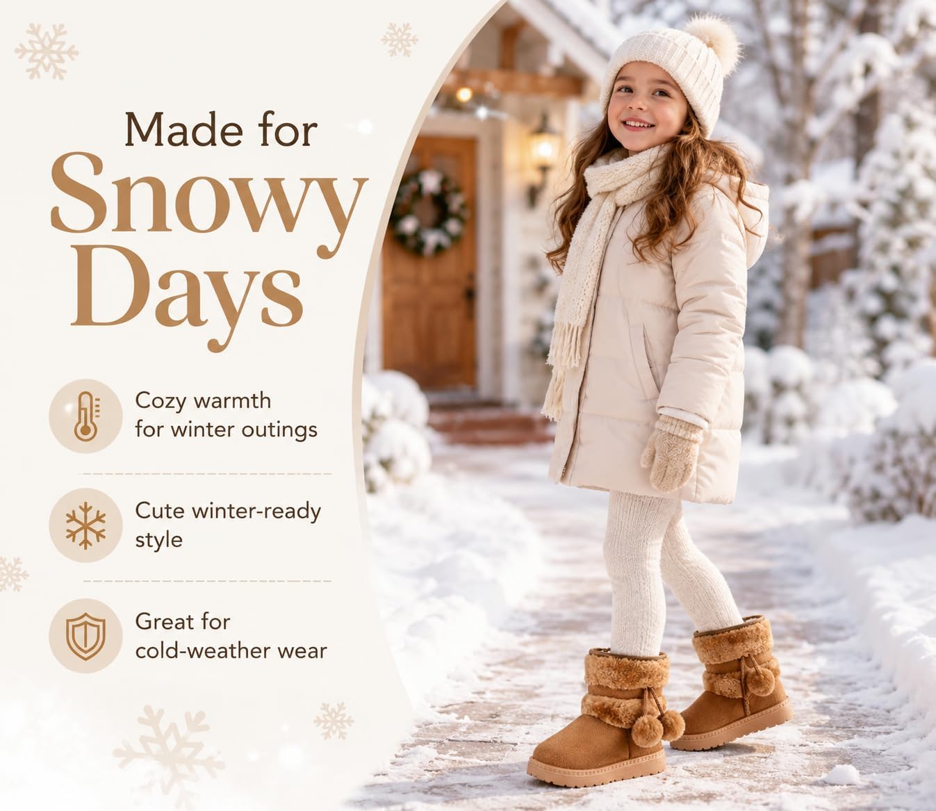 Toddler Kids Girls Winter Snow Boots Warm Ankle Boots with Pom Pom, Non-Slip Sole, Cute Fuzzy Outdoor Boots for Cold Weather, Christmas
