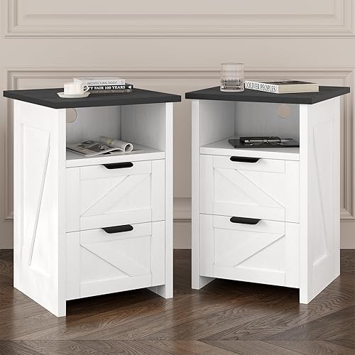 Juego de 2 mesitas de noche de granja, mesa auxiliar de cama con 2 cajones y estante de almacenamiento, mesa auxiliar blanca rústica para