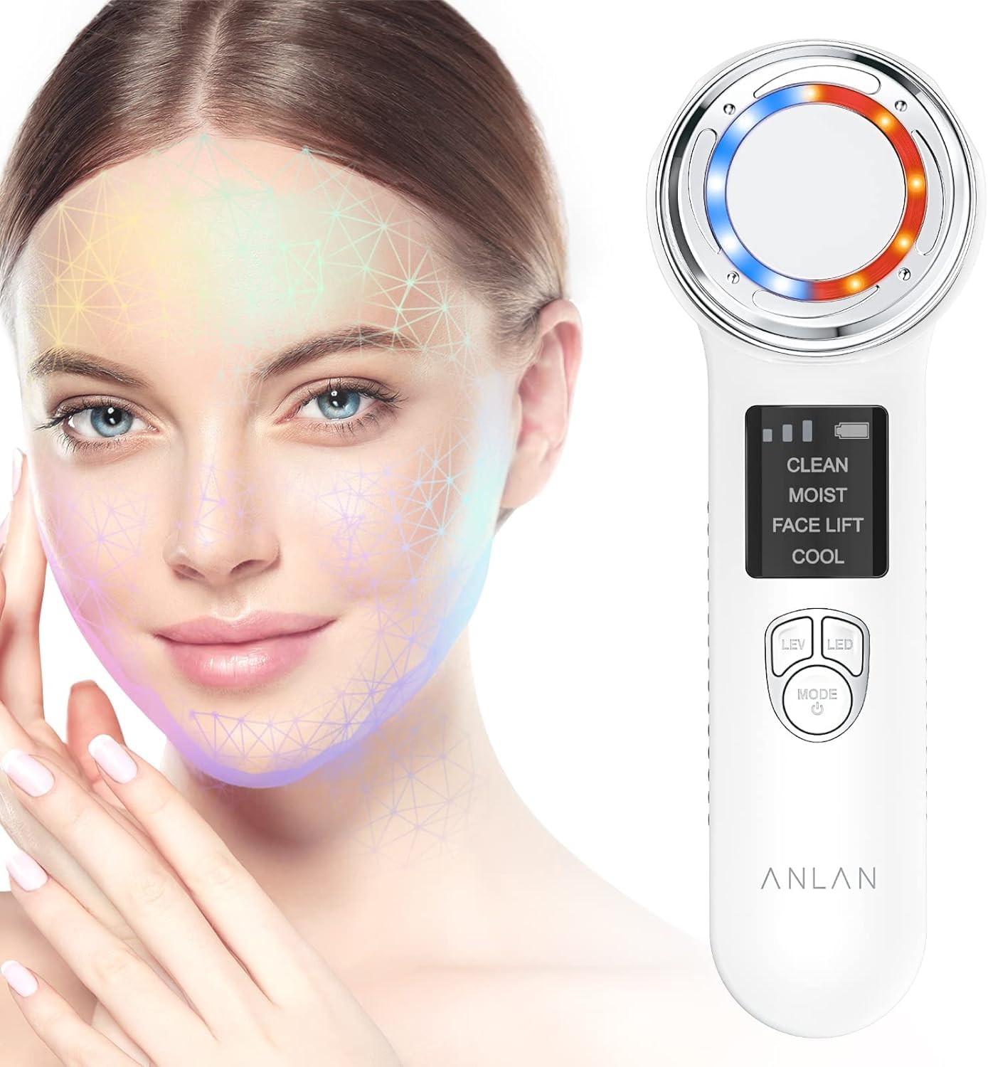 ANLAN Masajeador Facial Instrumento Multifuncional con Frío Calor Roja y Azul para Antiarrugas, Anti-envejecimiento, Limpieza Profunda, Cuidado Facial (For ES)